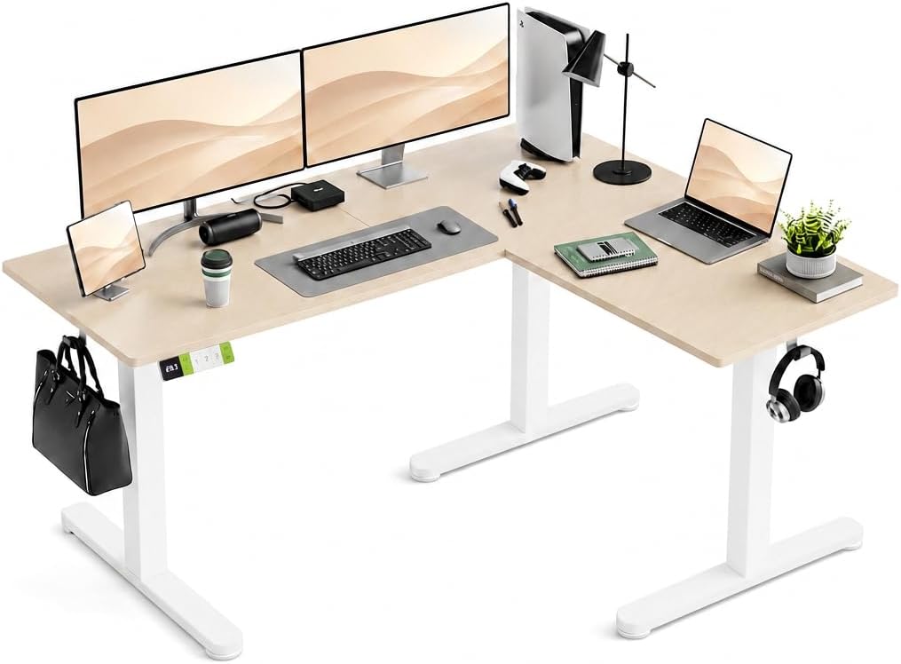 Claiks L Shaped Height Adjustable Electric Standing Desk with Dual Motors and Headphone Hook,59' Corner Sit Stand Desk with Memory Presets for Home Office & Gaming, Natural