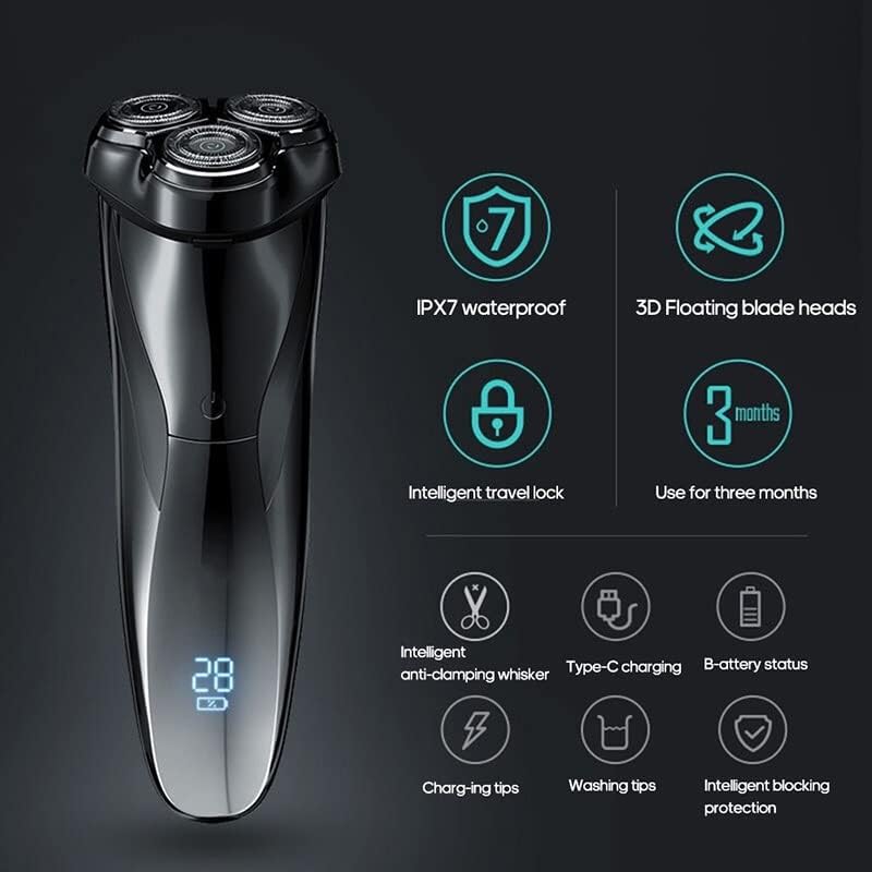 Electric Razor for Men, Men Electric Shaver Razor LCD Power Display Rechargeable Electronic Razor IPX7 Waterproof Full Body Washable (Color : Black)