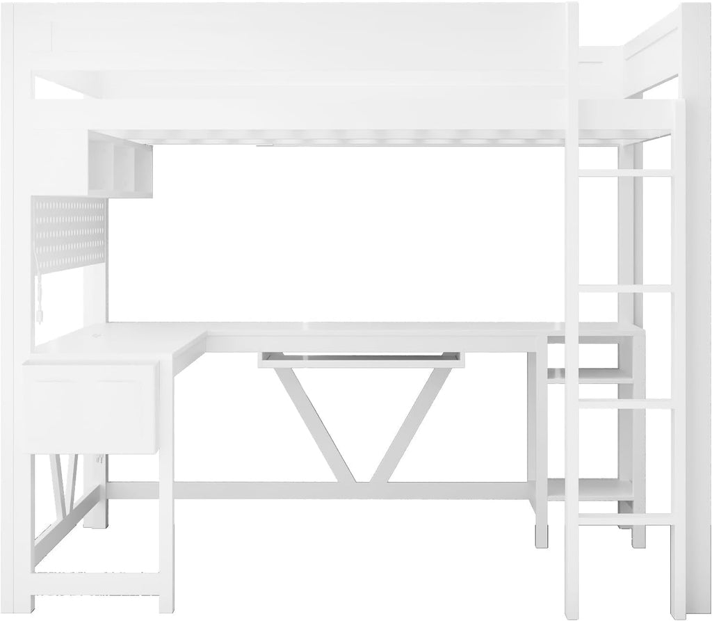 Virubi Full Gaming Loft Bed with Desk and Storage Shelves, LED RGB and Charging Station, Wood High Loft Bed with Storage Case, Ladders,and Guardrails for Adults Teens (White)