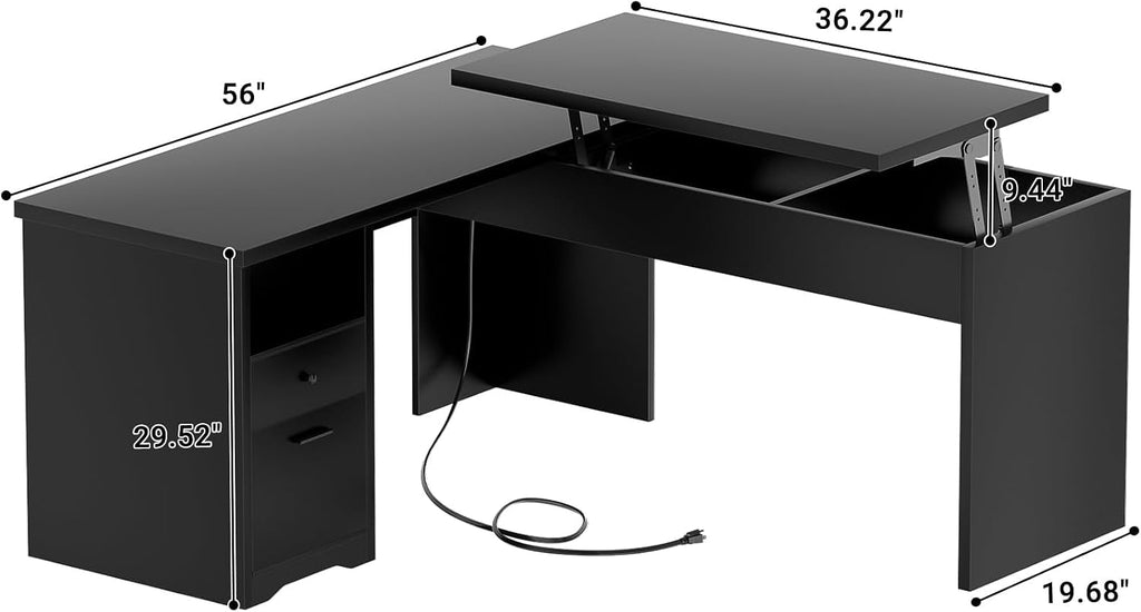 Unikito L Shaped Desk with Lift Top and Drawers, Large Office Desk with Power Outlets and USB Charging Ports, Sturdy Corner Computer Desk Writing Table with Storage, L Shape Standing Desk, Black