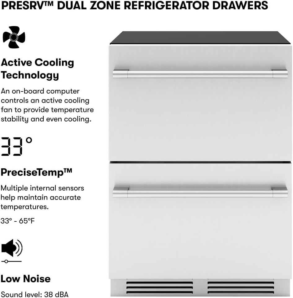Zephyr Presrv 24 Inch Dual Zone Refrigerator Drawers Wine & Beverage Fridge, Stainless Steel Wine Cooler Home Bar Under Counter Freestanding Built In, Energy Star Certified, 5.1 Cu. Ft