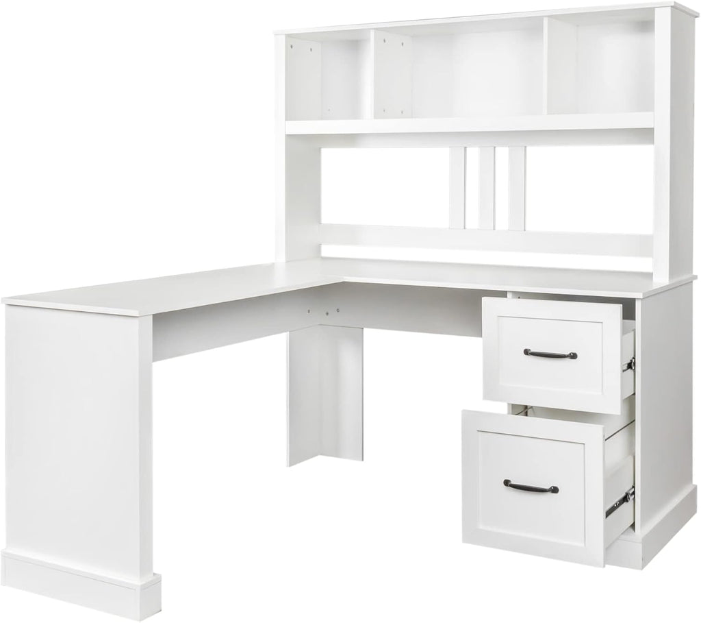 Bellemave L Shaped Computer Desk with Hutch, Home Office Desk with Storae Drawers & Bookshelf, Corner Desk, Study Table Writing Desk with Storage, Easy to Assemble, Antiqued White