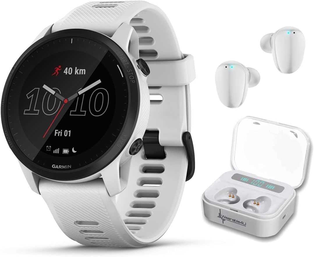 Garmin Forerunner 945 LTE Premium GPS Running/Triathlon Multisport 44 mm Smartwatch with LTE Connectivity, Whitestone White Earbuds Power Bundle