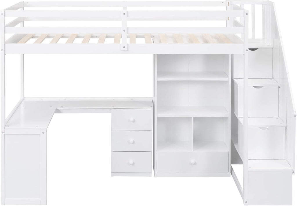 MERITLINE Twin Size Loft Bed with L-Shaped Desk,Storage Staircase,and Guardrails,Wood High Loft Bed with Storage Bookcase and 4 Drawers,for Adults, No Box Spring Needed (White)