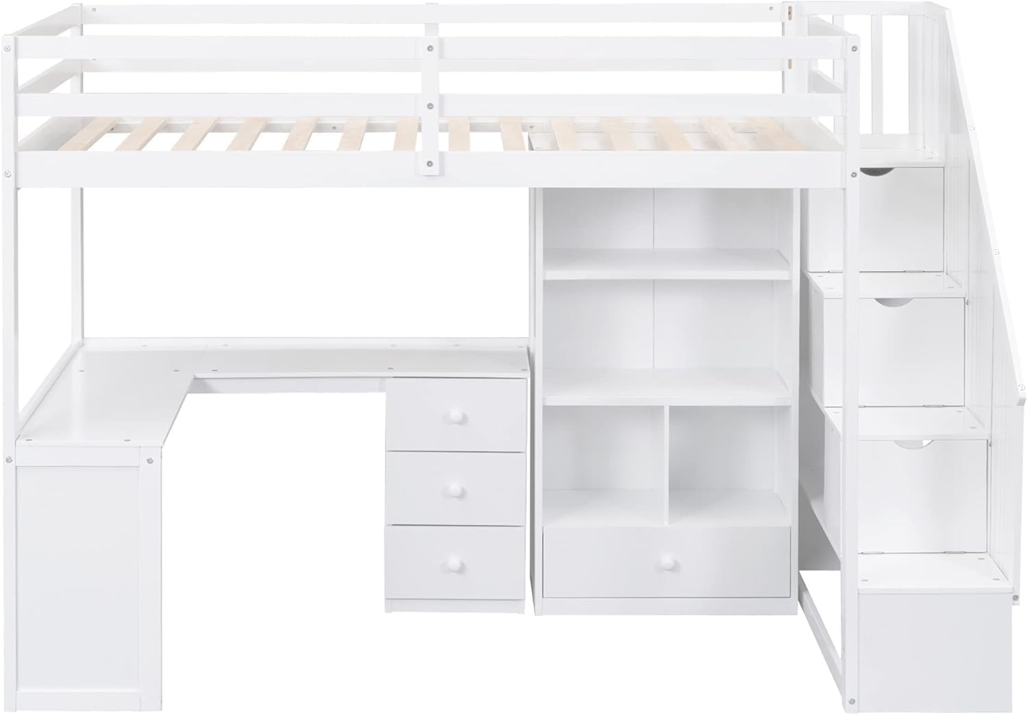 MERITLINE Twin Size Loft Bed with L-Shaped Desk,Storage Staircase,and Guardrails,Wood High Loft Bed with Storage Bookcase and 4 Drawers,for Adults, No Box Spring Needed (White)