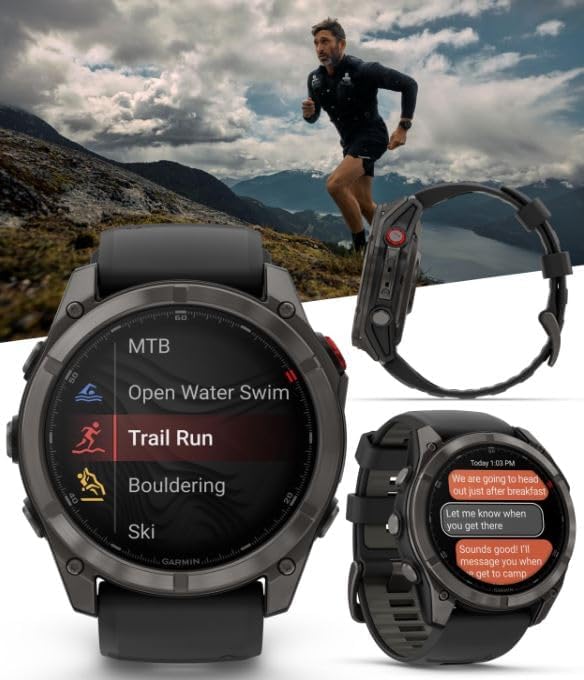 Garmin Fenix 8 Pro – 51mm AMOLED LTE & Satellite Connected Multisport GPS Smartwatch, inReach Technology: Sapphire Carbon Gray DLC Titanium w/Black-Pebble Gray Silicone Band Power Bundle