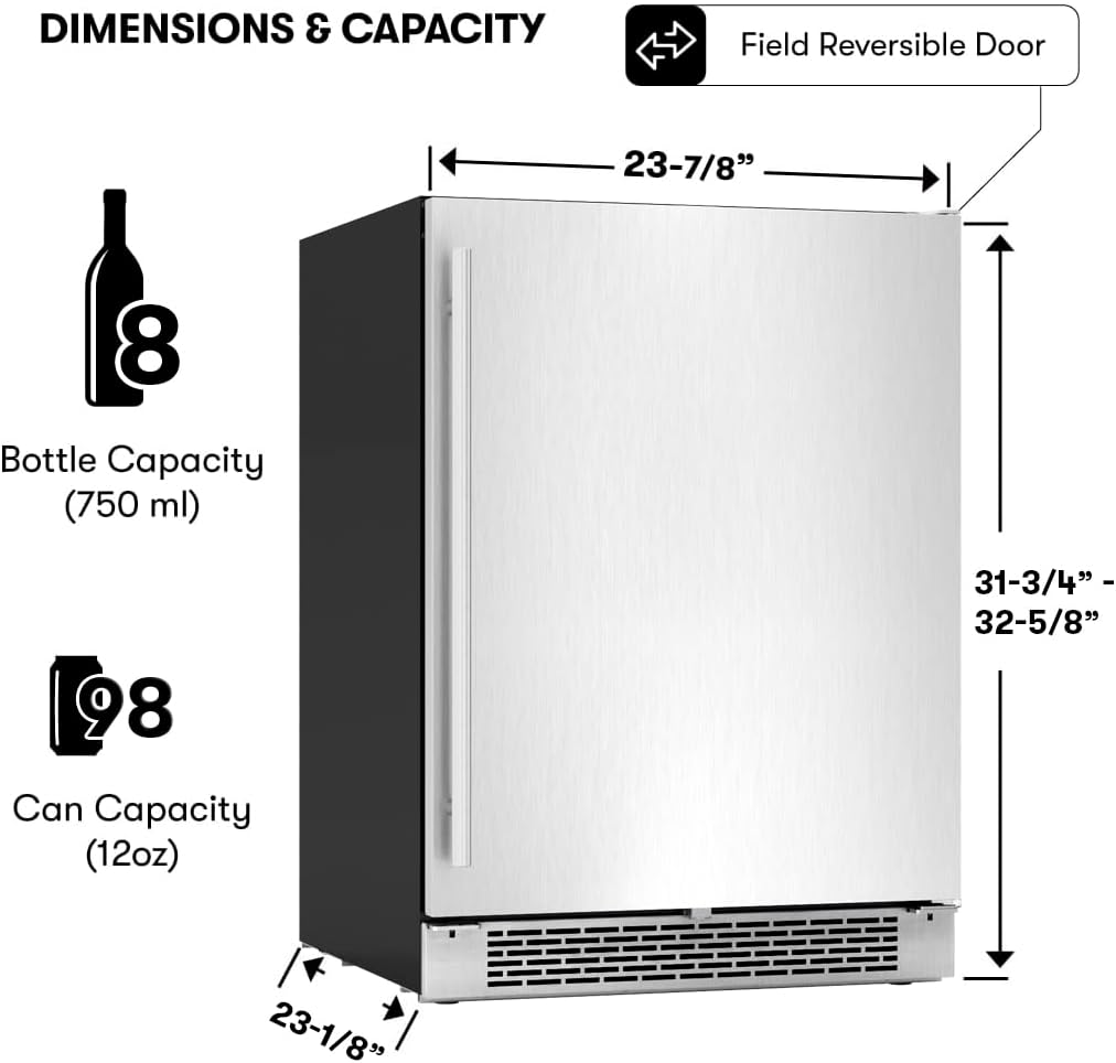 Zephyr Brisas 24' Wine Fridge & Beverage Refrigerator ADA Single Zone Under Counter - Mini Wine Cooler Cellars Small Beer Cabinet Drink Chiller Freestanding Stainless Steel Door - 8 bottles 98 cans