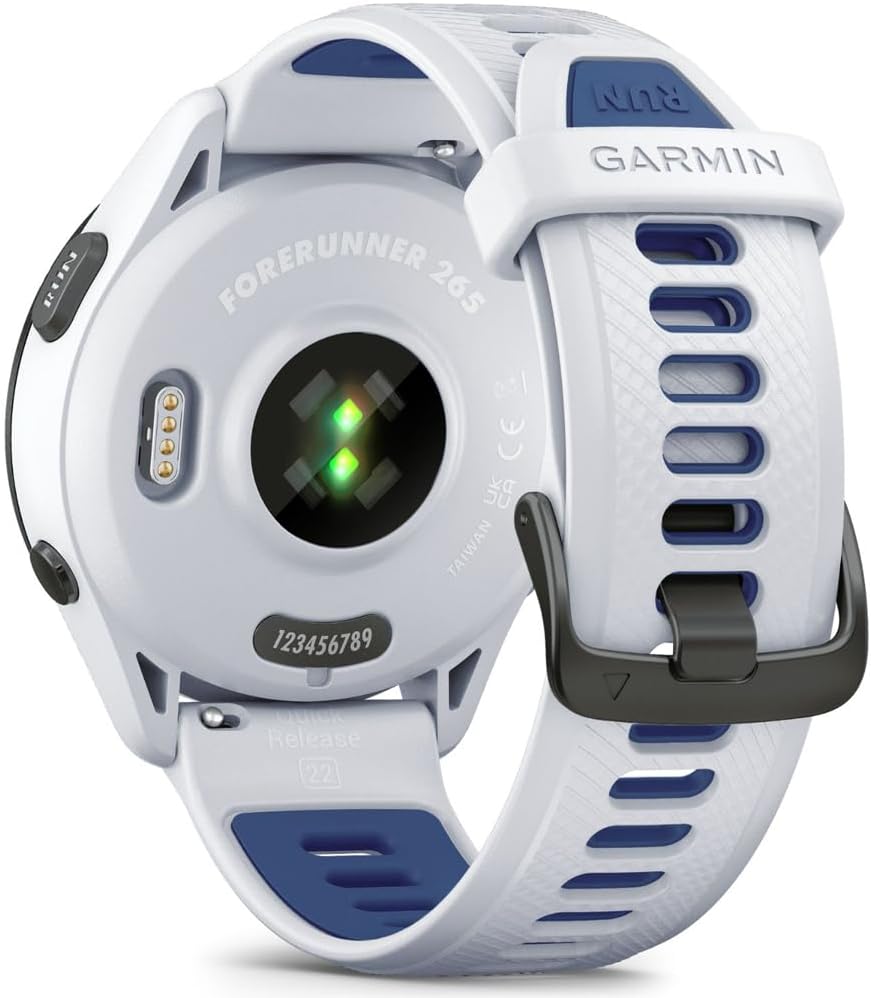 Garmin 010-02810-01 Forerunner 265 GPS Smartwatch, Whitestone/Tidal Blue | Official USA Partner Model | Bundle with Sport Towel + Deco Essentials Wearable Commuter Front & Rear Safety Light