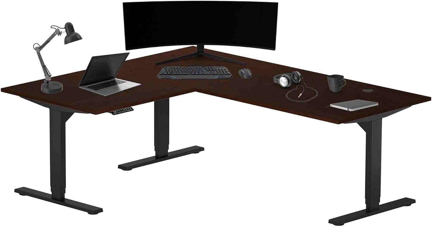 Progressive Desk Stand Up Height Adjustable Electric Standing Desk - L Shaped 60' x 72' Corner Computer Rising Workstation Table - Black Frame, Roasted Walnut Top