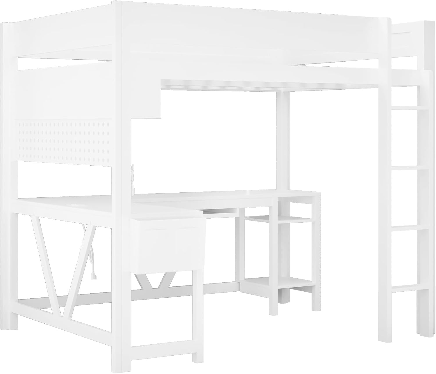 Virubi Full Gaming Loft Bed with Desk and Storage Shelves, LED RGB and Charging Station, Wood High Loft Bed with Storage Case, Ladders,and Guardrails for Adults Teens (White)
