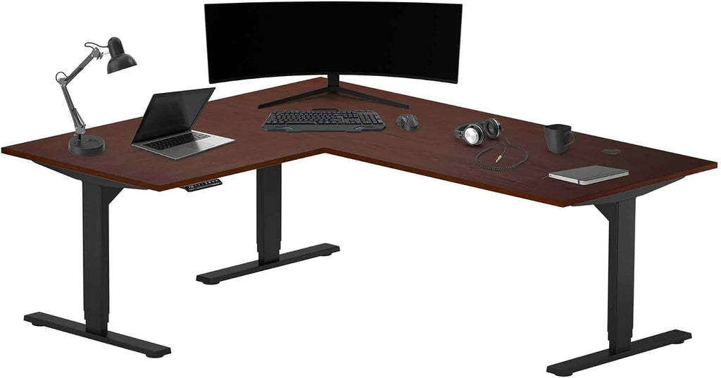 Progressive Desk Stand Up Height Adjustable Electric Standing Desk - L Shaped 60' x 72' Corner Computer Rising Workstation Table - Black Frame, Dark Cherry Top