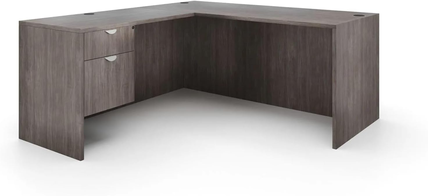 L Shape Office Desk with One Hanging Pedestal in Artisan Gray