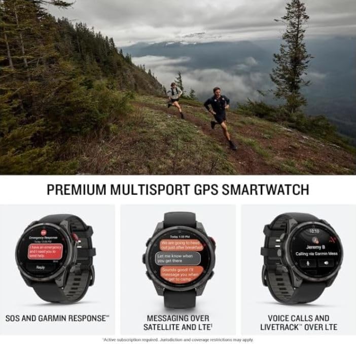 Garmin Fenix 8 Pro – 51mm AMOLED LTE & Satellite Connected Multisport GPS Smartwatch, inReach Technology: Sapphire Carbon Gray DLC Titanium w/Black-Pebble Gray Silicone Band Power Bundle