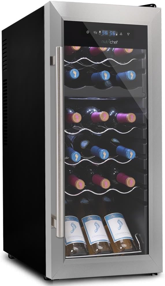 NutriChef PKCWCDS188 Freestanding Wine Fridge, 18 Bottle Dual Zone Beverage Cooler for Home & Office, 32x13x19 inches, Adjustable Temp 41-64F, Black