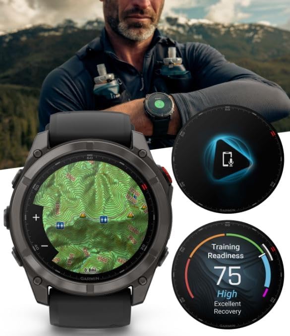Garmin Fenix 8 Pro – 51mm AMOLED LTE & Satellite Connected Multisport GPS Smartwatch, inReach Technology: Sapphire Carbon Gray DLC Titanium w/Black-Pebble Gray Silicone Band Power Bundle