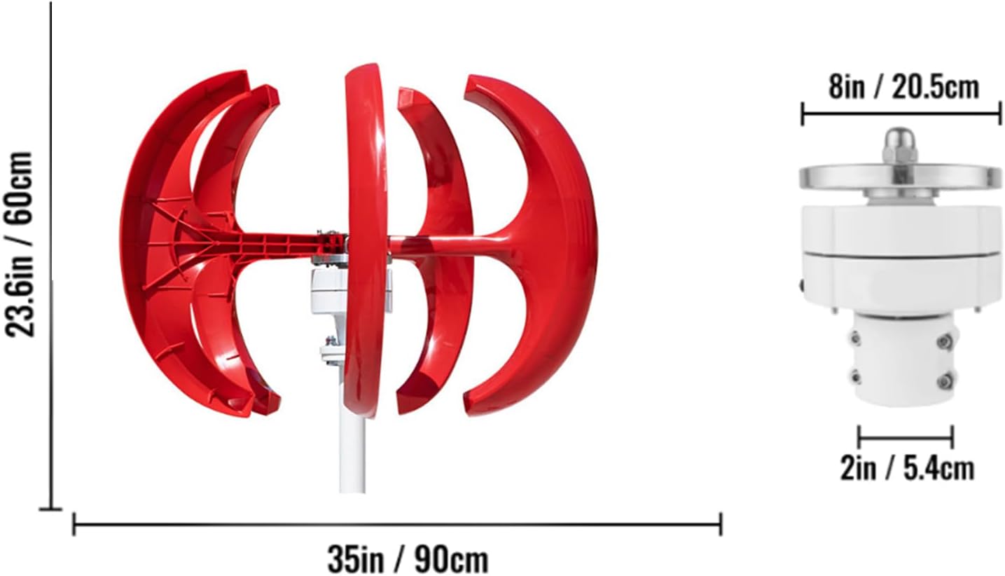 5 Blades 3Phase Alternator, 3000W Vertical Wind Turbine Generator Windmill 12V 24V 48V Set with Controller Suitable for Courtyard Lighting(Red)
