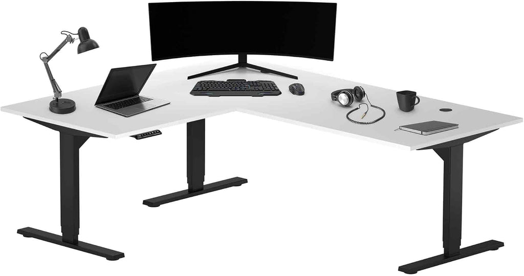 Progressive Desk Stand Up Height Adjustable Electric Standing Desk - L Shaped 60' x 72' Corner Computer Rising Workstation Table - Black Frame, Warm White Top