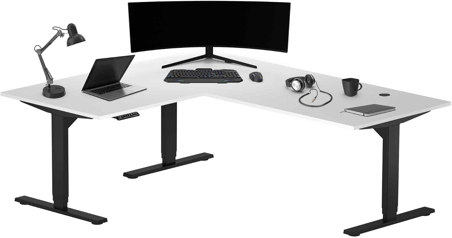 Progressive Desk Stand Up Height Adjustable Electric Standing Desk - L Shaped 60' x 72' Corner Computer Rising Workstation Table - Black Frame, Warm White Top