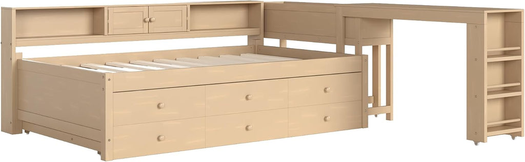 SOFTSEA Twin Size Corner Bed with Trundle & Storage Drawers, Wood Daybed with Desk and Bookcase Headboard, Twin Corner Daybed with Storage Shelves for Kids Teens Adults, Golden