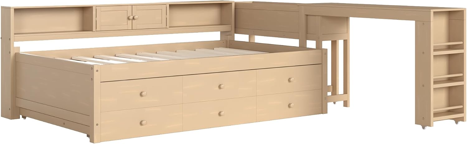 SOFTSEA Twin Size Corner Bed with Trundle & Storage Drawers, Wood Daybed with Desk and Bookcase Headboard, Twin Corner Daybed with Storage Shelves for Kids Teens Adults, Golden