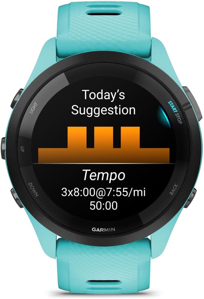 Garmin 010-02810-02 Forerunner 265 GPS Smartwatch, Aqua/Black | Official USA Partner Model | Bundle with Workout Cooling Sport Towel + Deco Essentials Wearable Commuter Front & Rear Safety Light