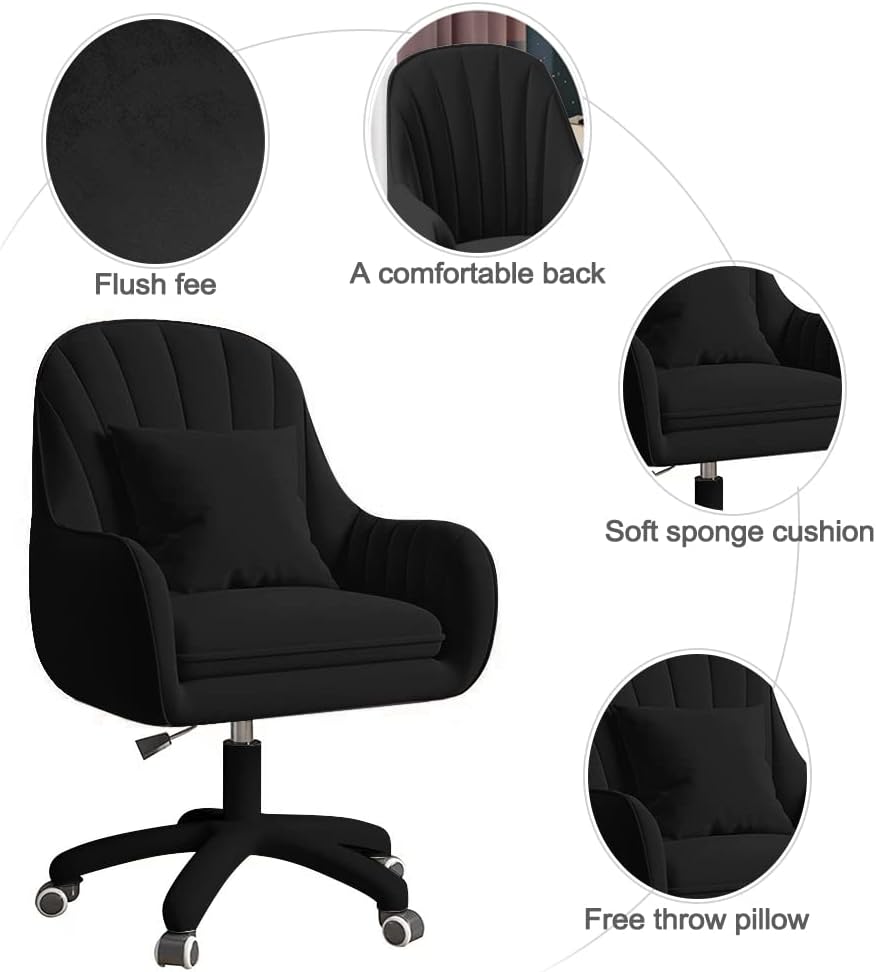 Velvet Desk Chair with Pillow Upholstered Vanity Chair for Girls Women, Home Office Computer Task Chair with Wheels Swivel Rolling Accent Chair for Living Room, Bedroom