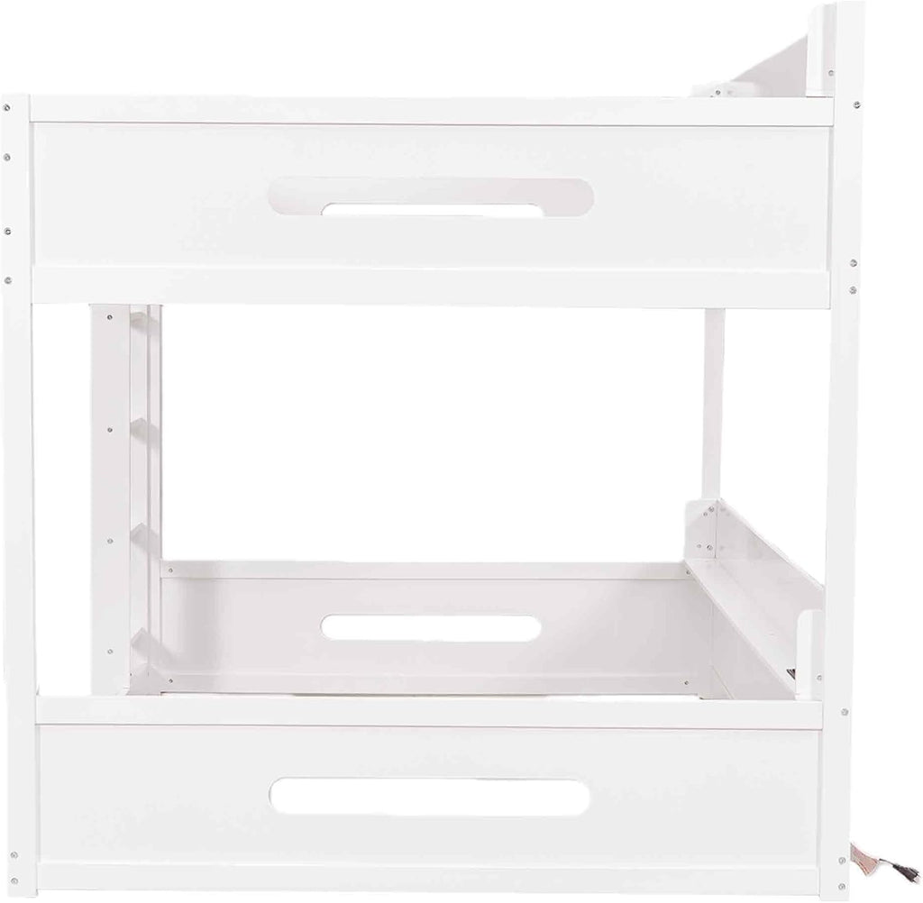 Queen Over Queen Bunk Bed with Storage Shelves and USB Ports,Solid Pine Wood Space-Saving Design for Kids/Adults (White-Q)
