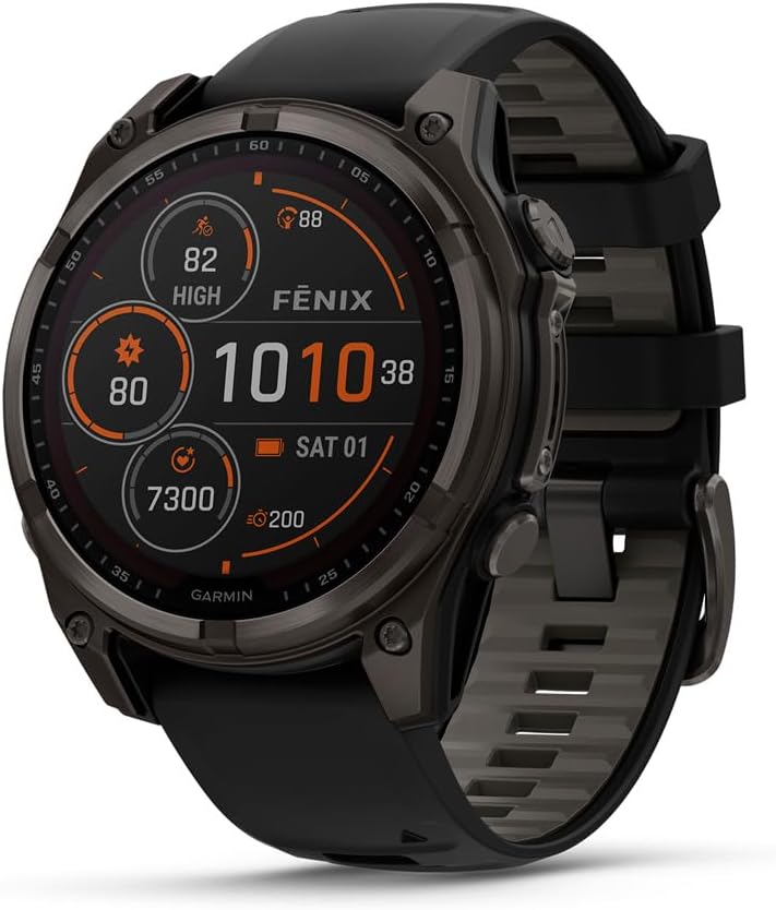 Garmin fēnix® 8 – 47 mm,Solar,Sapphire,Premium Multisport GPS Smartwatch, Long-Lasting Battery Life,Dive-Rated, Built-in LED Flashlight, Carbon Gray DLC Titanium Bezel Black/Pebble Gray Silicone Band