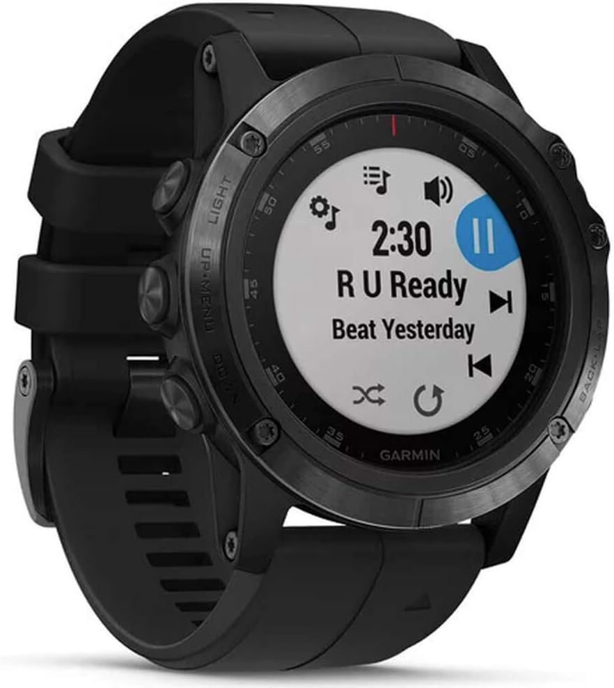 Garmin fenix 5X Plus, Ultimate Multisport GPS Smartwatch, Features Color Topo Maps and Pulse Ox, Heart Rate Monitoring, Music and Contactless Payment, Black with Black Band