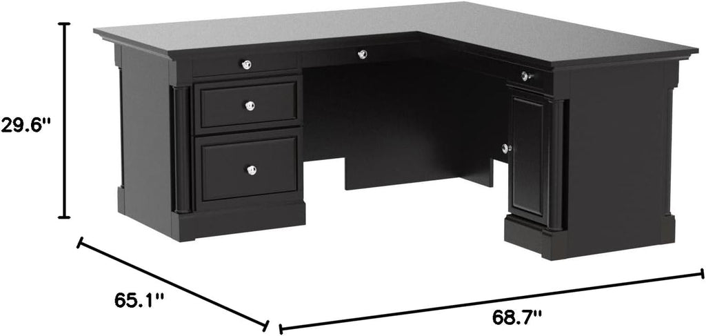 BOWERY HILL L-Shape Home Office Executive Desk with Large Drawers, Letter Size Hanging File Drawer and CPU Tower in Wind Oak Finish