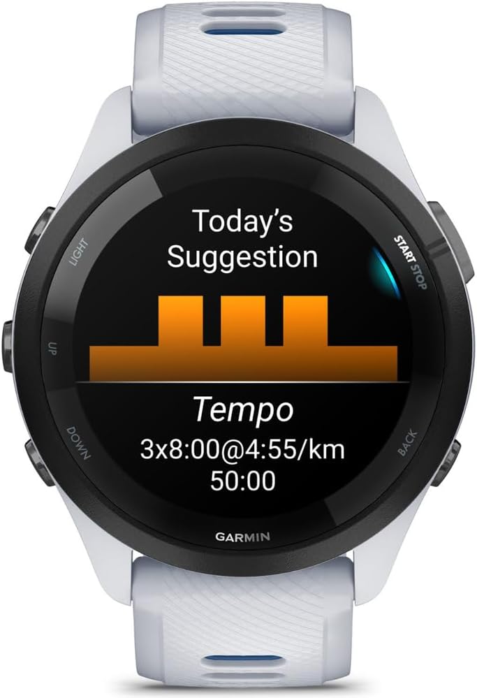 Garmin 010-02810-01 Forerunner 265 GPS Smartwatch, Whitestone/Tidal Blue | Official USA Partner Model | Bundle with Sport Towel + Deco Essentials Wearable Commuter Front & Rear Safety Light