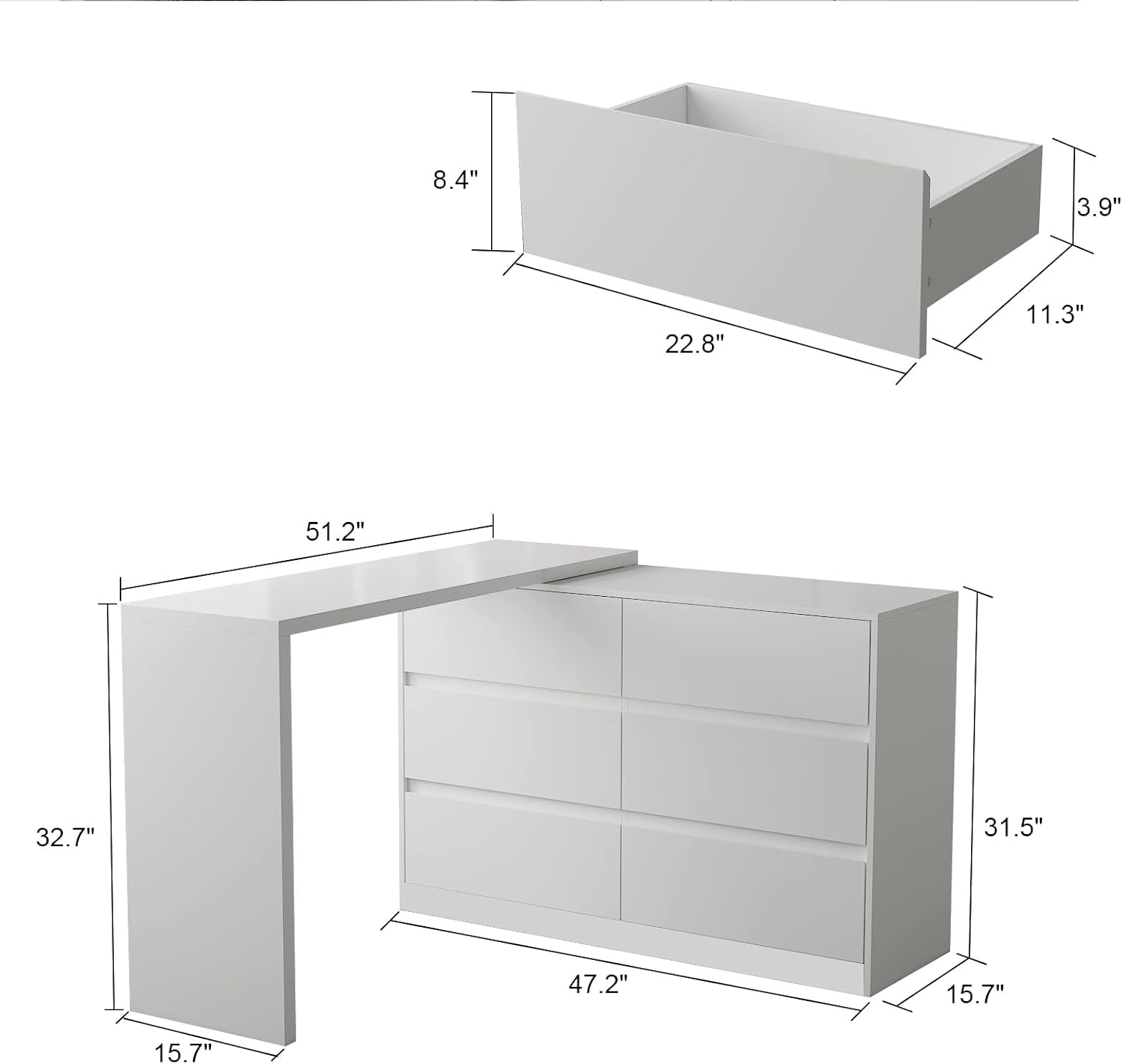 WOODTIME Home Office L-Shape Corner Computer Desk with 6 Drawers, Shape Adjustable Modern Wooden Study Writing Gaming Table Workstation, White