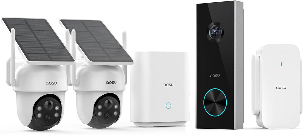 AOSU Solar Security Cameras Wireless Outdoor, 2 Cam Kit 5MP Doorbell Camera Wireless, No Subscription, No Monthly Fee.