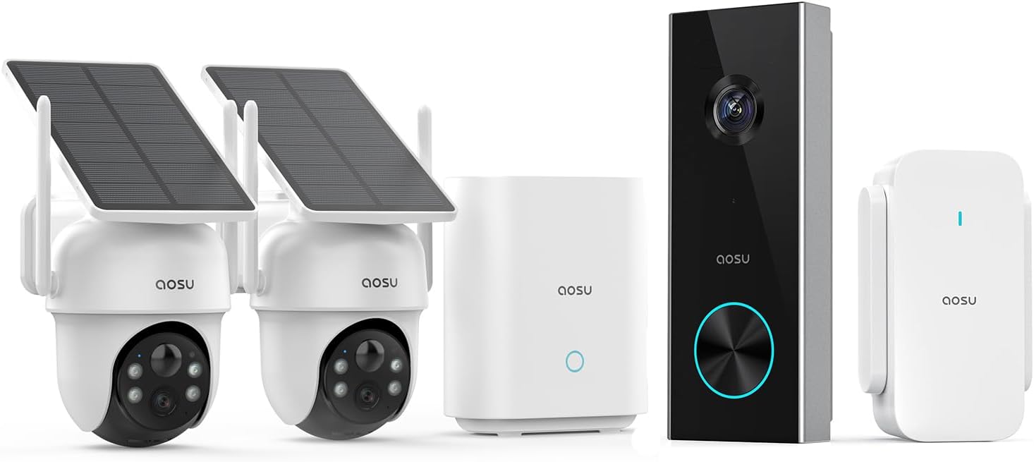 AOSU Solar Security Cameras Wireless Outdoor, 2 Cam Kit 5MP Doorbell Camera Wireless, No Subscription, No Monthly Fee.