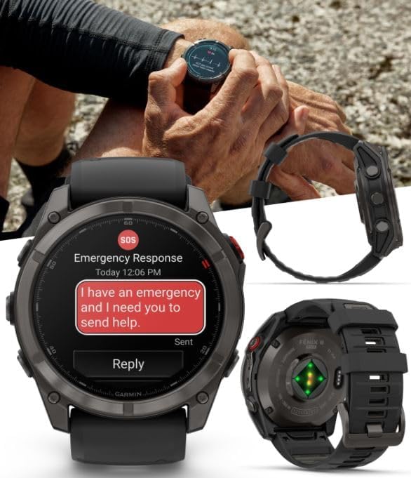 Garmin Fenix 8 Pro – 51mm AMOLED LTE & Satellite Connected Multisport GPS Smartwatch, inReach Technology: Sapphire Carbon Gray DLC Titanium w/Black-Pebble Gray Silicone Band Power Bundle