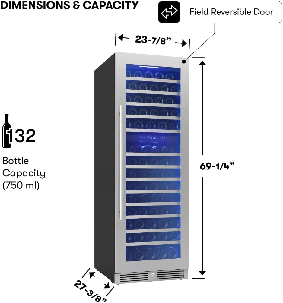 Zephyr Presrv 24 Inch Wine Fridge Full Size Dual Zone - Wine Cooler Cellars Large Cabinet Wine Refrigerator Home Bar Chiller Freestanding with French Glass Door - 138 Bottles 750 ml
