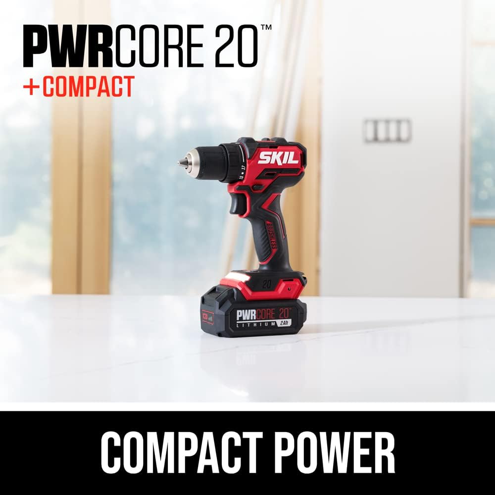 SKIL PWR CORE 20 Brushless 20V Compact Variable-Speed Drill Driver Kit with 1/2-Inch Single-Sleeve, Keyless Ratcheting Chuck & LED Worklight, Includes 2.0Ah Battery and PWR Jump Charger - DL6293B-10