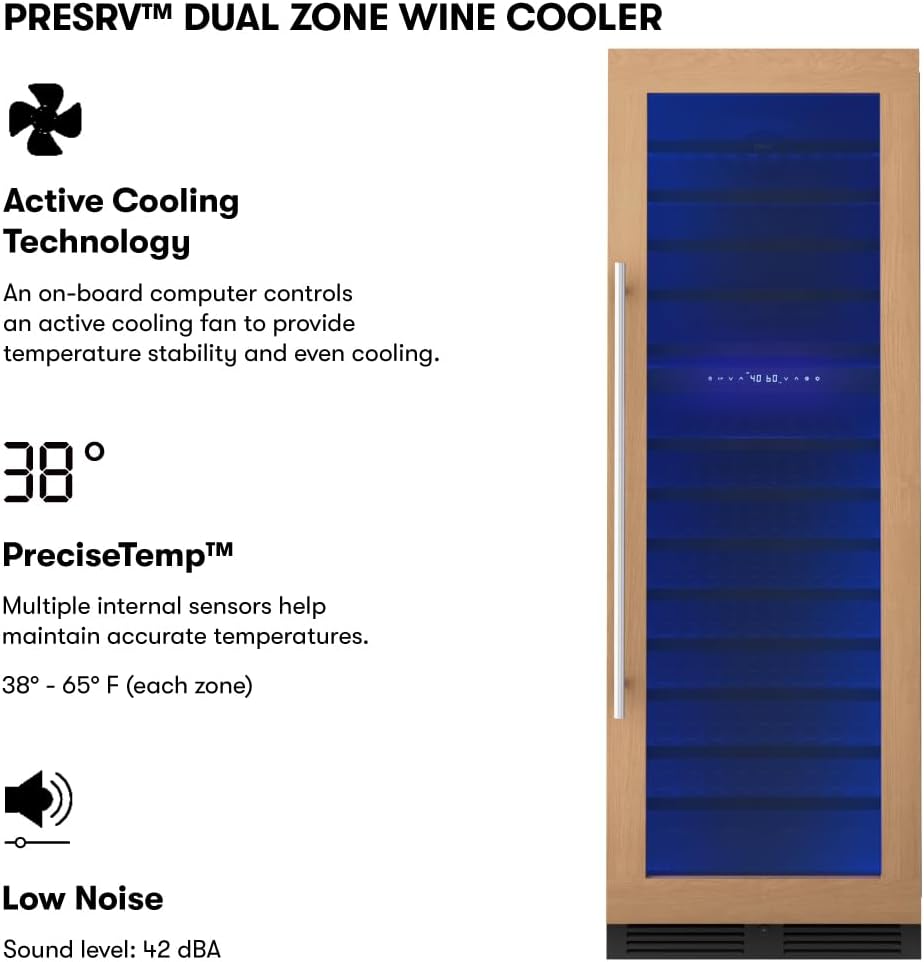 Zephyr 24 Inch Full Size Panel Ready Wine Fridge Dual Zone - Tall Refrigerator Cooler Cellars Large Bar Drink Cabinet Freestanding with Glass Door - 132x750ml bottles (Handle, wood panel not included)