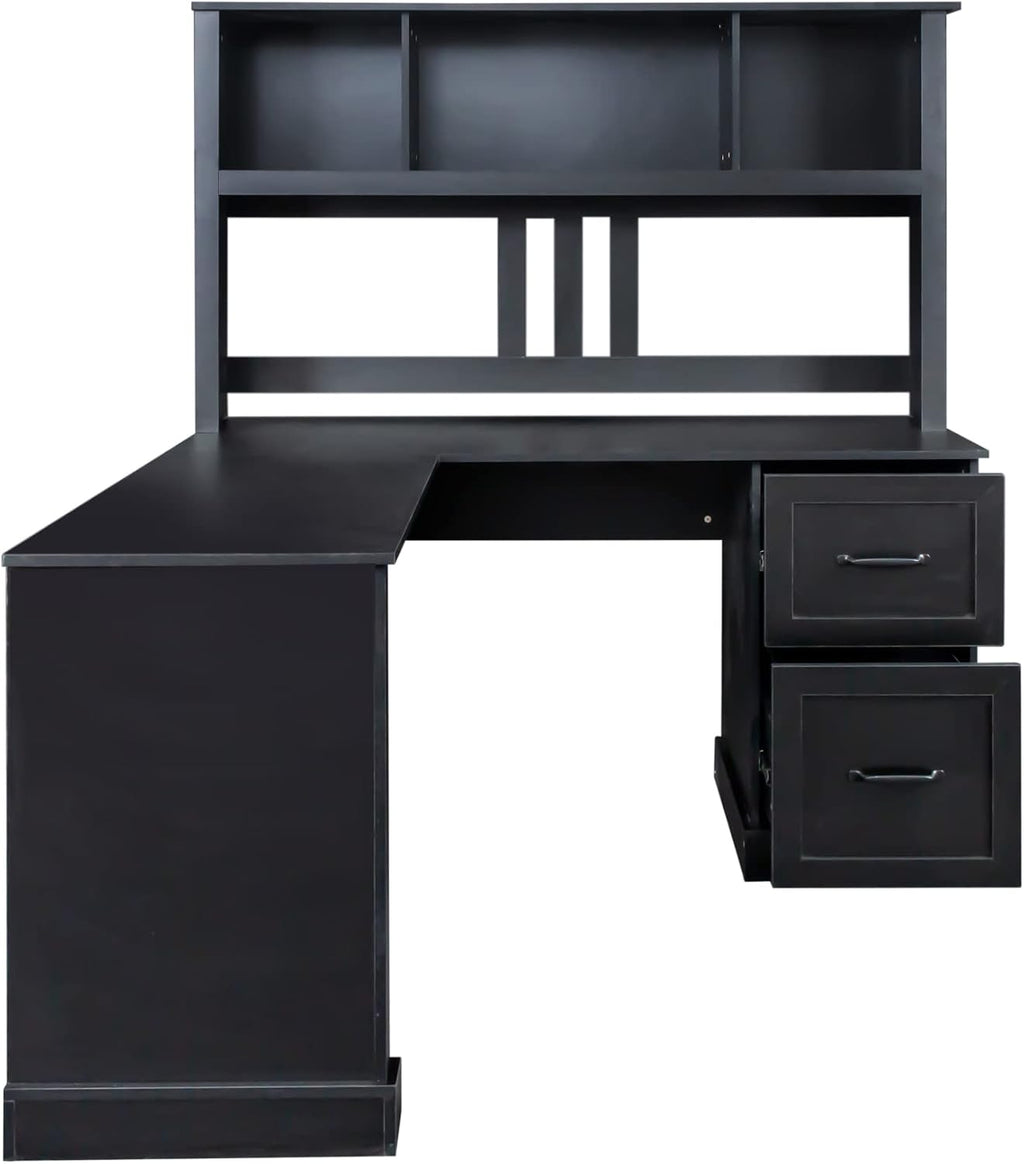 Bellemave L Shaped Computer Desk with Hutch, Home Office Desk with Drawers and Bookshelf, Corner Desk, Study Table Writing Desk with Storage, Easy Assemble, Antiqued Black