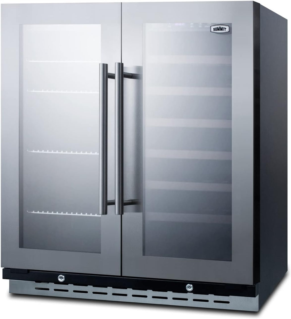 Summit 30' Wine Cellar/Beverage Center Combination Unit, 33 Bottle Capacity, 5.8 cu.ft. Capacity, Built-In Commercial Beverage Center, French Doors, Stainless Steel- SWBV3067B