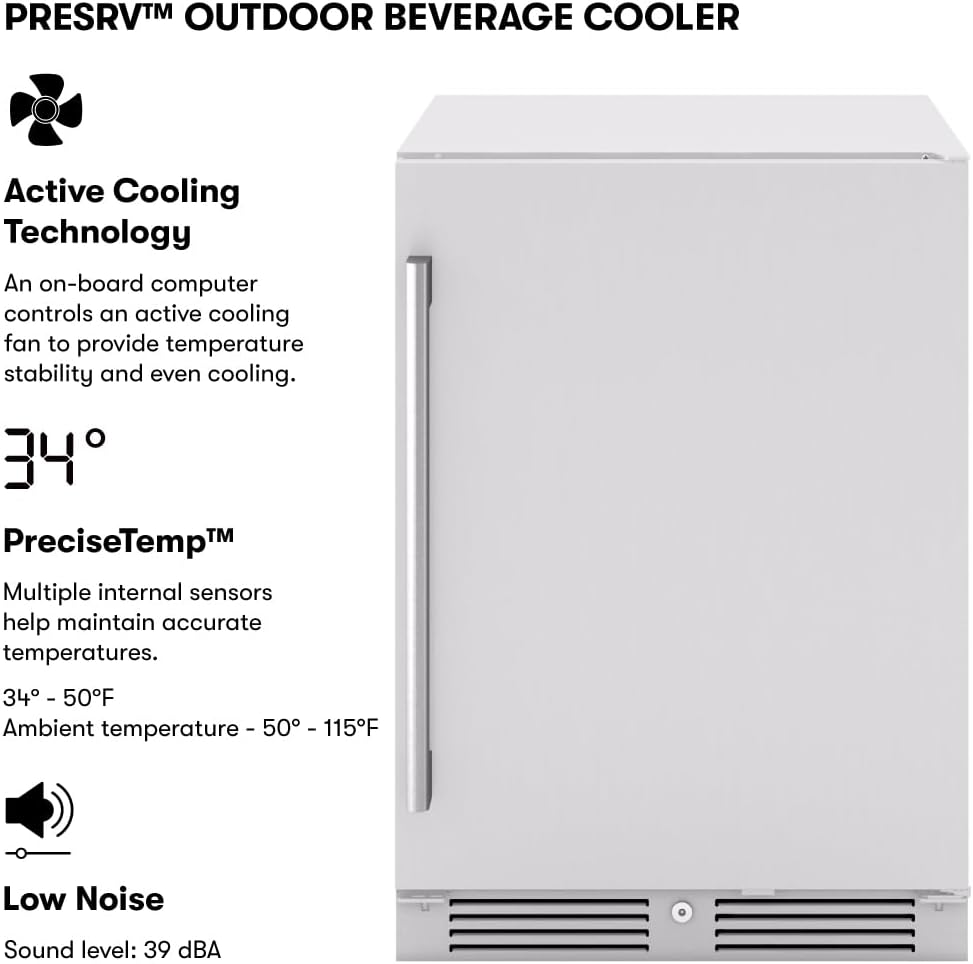 Zephyr Presrv 24 Inch Outdoor Wine Fridge & Beverage Refrigerator Single Zone Under Counter - Drink Chiller Freestanding Stainless Steel Door - 136 cans (Single-Zone Outdoor Wine & Beverage Cooler)