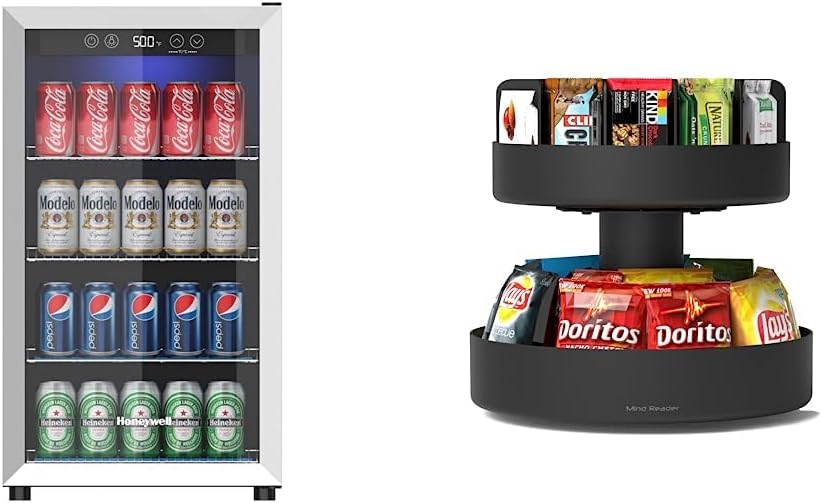 Honeywell Beverage Refrigerator and Cooler, 115 Can Mini Fridge with Glass Door for Soda Beer or Wine for Office & Mind Reader SNACKCAR Supreme Snack organizer, 14 x 14.5 Round, Black