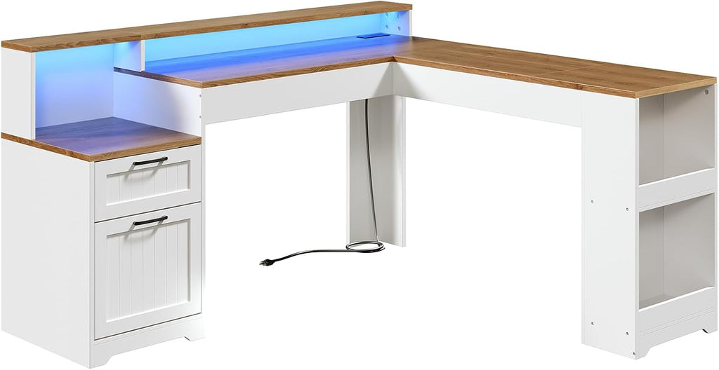 Farmhouse 63' L Shaped Standing Desk, Corner Computer Desk with Drawers, Office Desk with File Drawers with RGB Lighting & Charging Station, Monitor Stand and Storage Shelves, White and Walnut