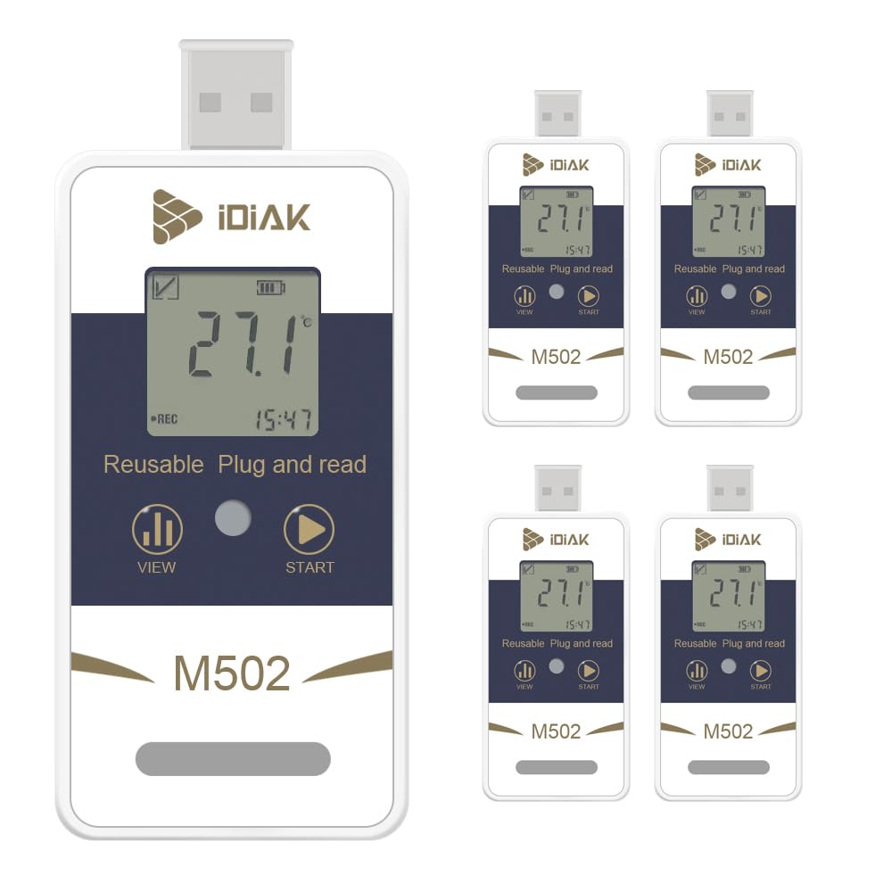 M502 Temperature Data Logger USB Temp/Humidity Recorder with PDF and Excel (Reusable) Refrigerator Thermometer 14400 Points High Accuracy (no delay - 5 Pack)