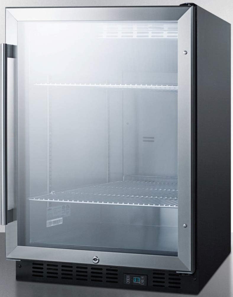 Summit 24' Undercounter Beverage Refrigerator with Reversible Glass Door | Commercial Display Fridge for Wine Beer Soda | 5.0 Cu Ft, (3) Shelves, 23.63'W x 23.5'D x 34'H, Stainless Steel, Black, NSF