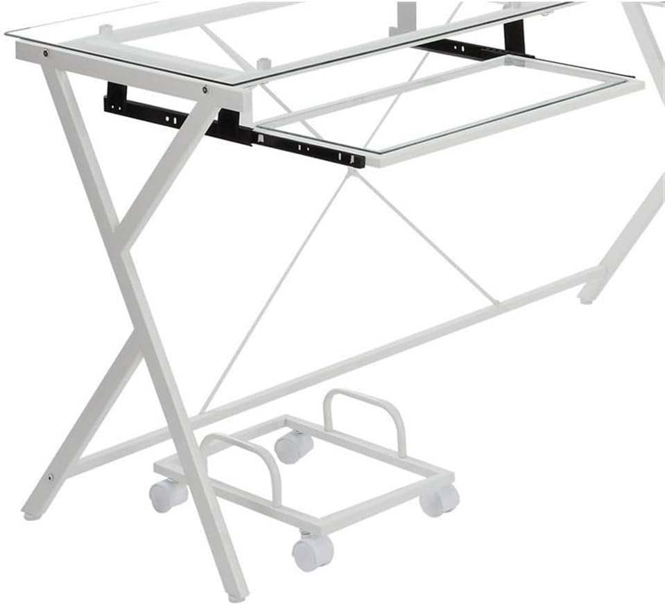 Acme Demas Glass Top L-Shaped Computer Desk with Holder in Clear and White