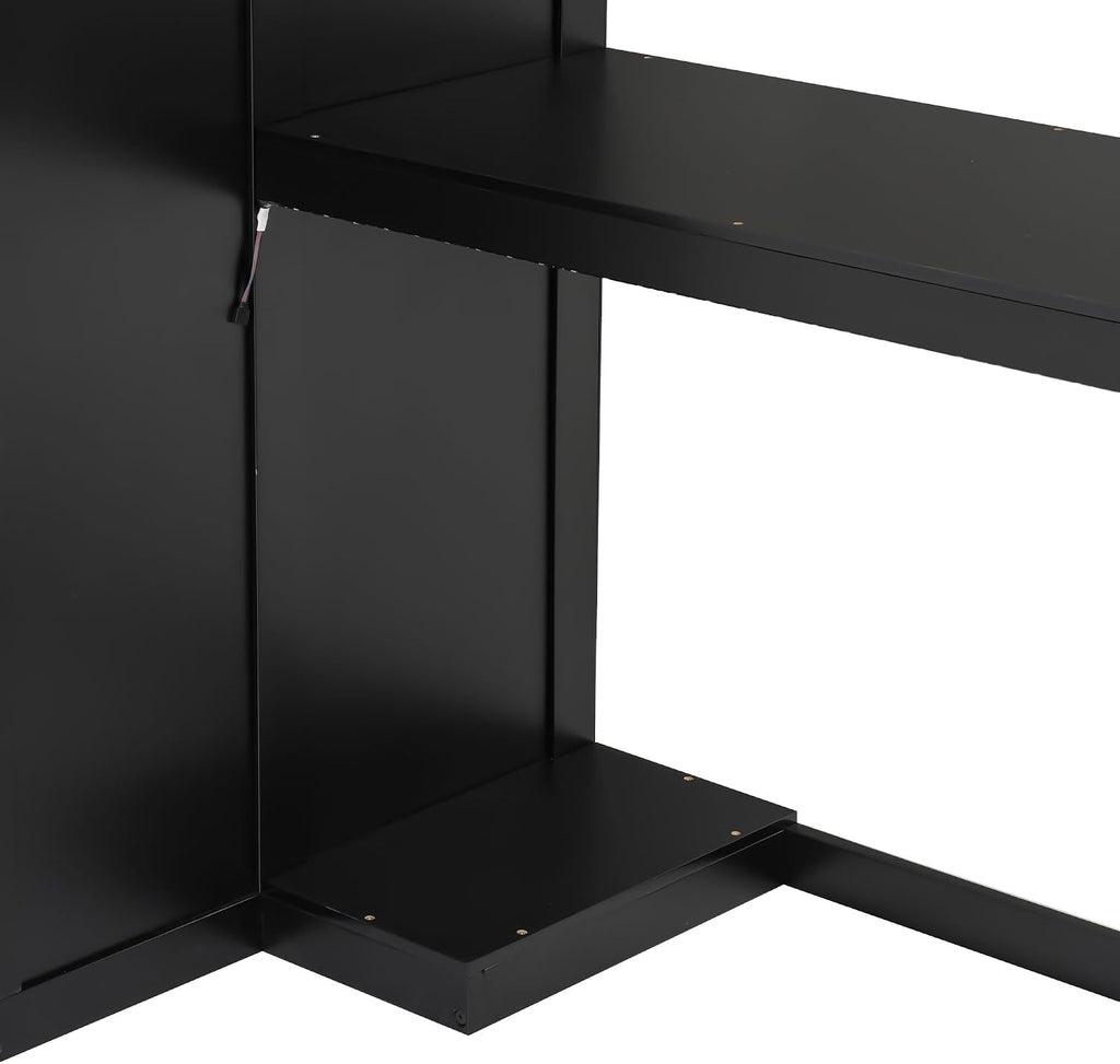 SOFTSEA Twin Size Gaming Loft Bed with Desk & Storage Stairs, Solid Wood Loft Bed with LED Lights, Wardrobe and Shelves, Space-Saving Gaming Bed for Kids Teens Adults, Black + Red