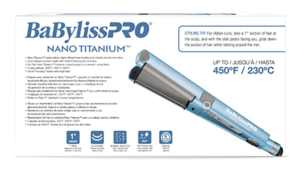 BaBylissPRO Nano Titanium Flat Iron Hair Straightener, 1' Curved Styler for Professional Salon Results and All Hair Types