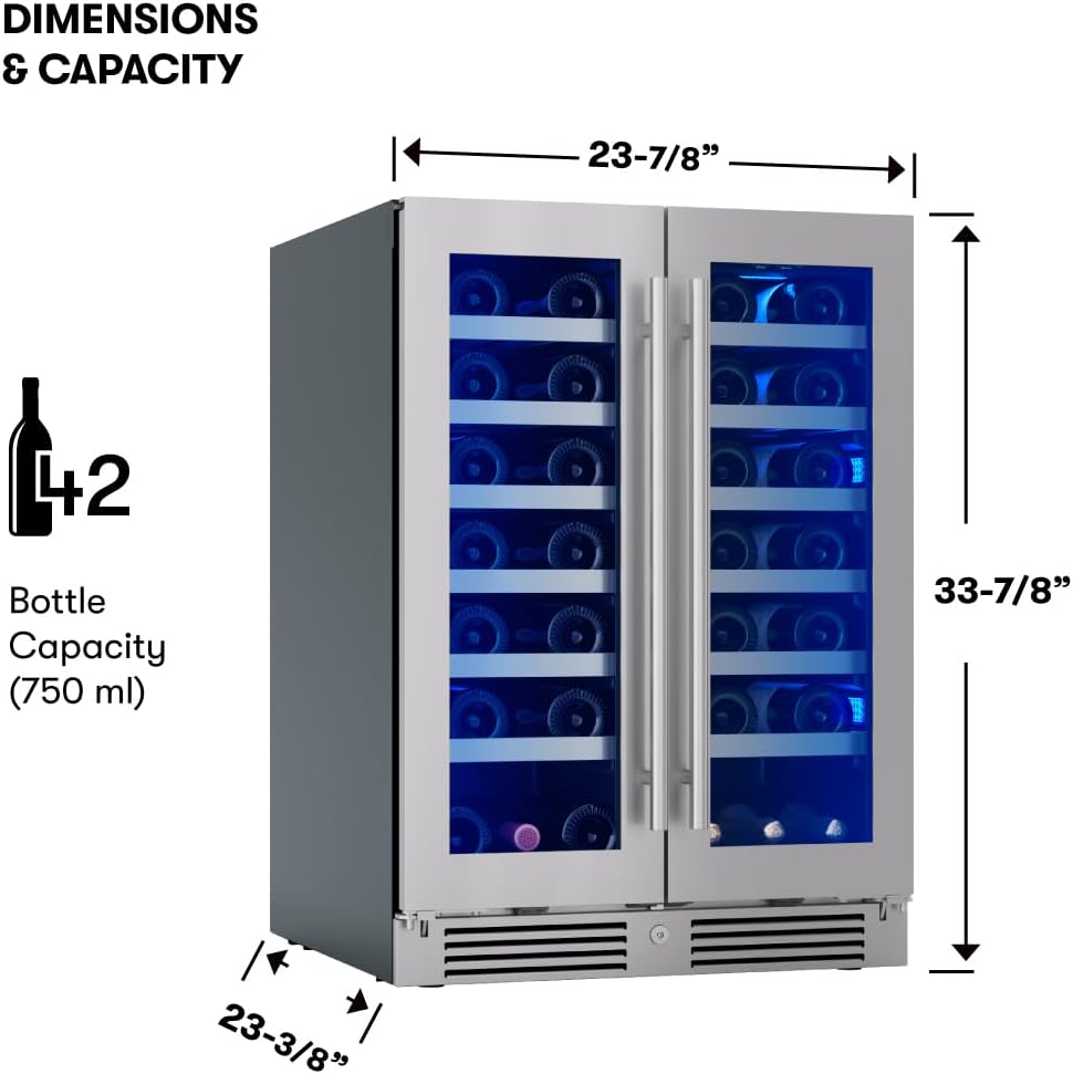 Zephyr Presrv 24' Wine Fridge Dual Zone Under Counter - Countertop Mini Wine Cooler Cellars Small Cabinet Wine Refrigerator Home Bar Chiller Freestanding with French Glass Door, 21 Bottles 750ml