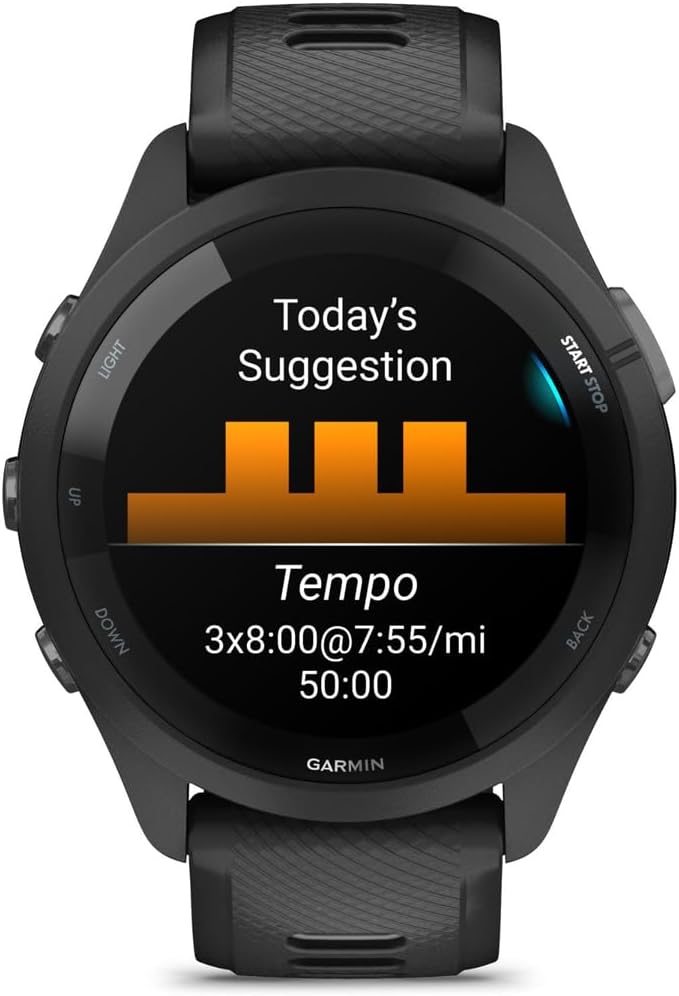 Garmin 010-02810-00 Forerunner 265 GPS Smartwatch, Black/Powder Gray | Official USA Partner Model | Bundle with Sport Towel + Deco Essentials Wearable Commuter Front & Rear Safety Light